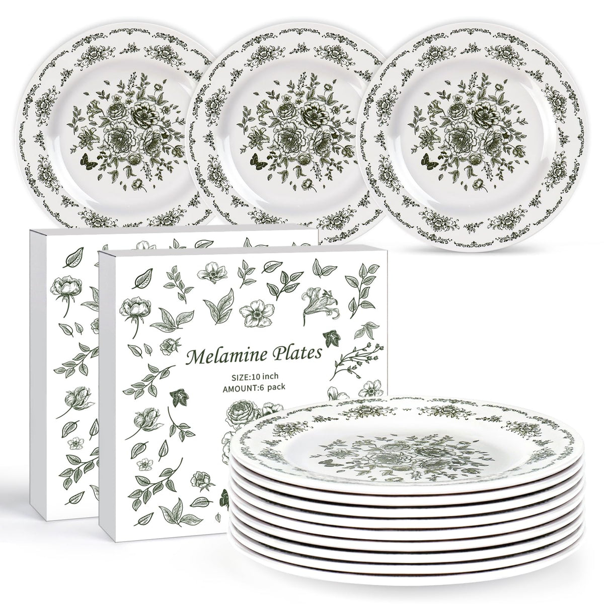 12 Piece 10 inch Green and White Floral Melamine Dinner Plates I390418