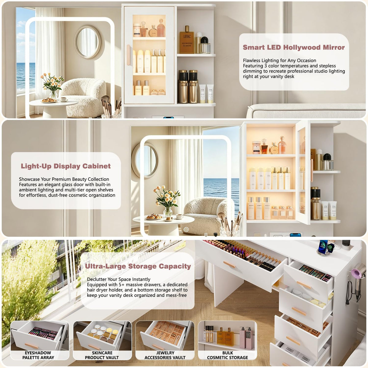 White Vanity Desk with LED Lights Mirror, 5 Drawers, Charging Station & Cushion Stool Q186578
