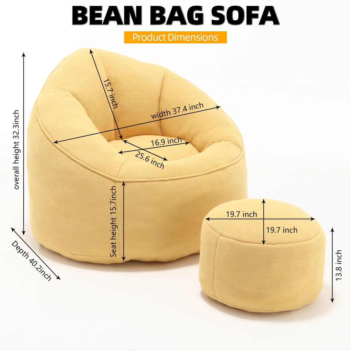 Yellow 3.4 FT Bean Bag Chair with Ottoman O24522