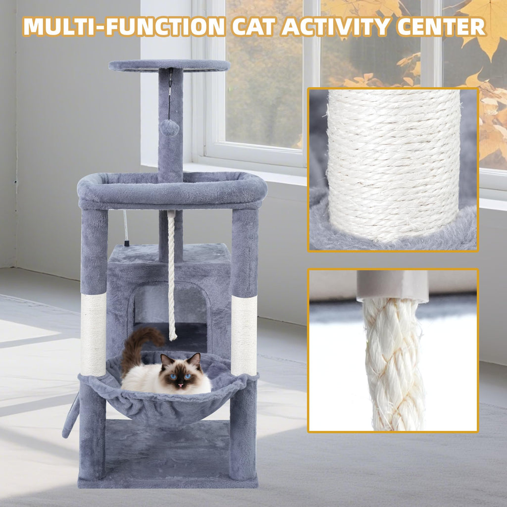 37.5" Cat Tree Tower with Scratching Board Hammock Grey O588