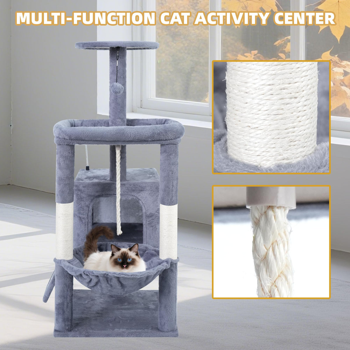 37.5" Cat Tree Tower with Scratching Board Hammock Grey O588