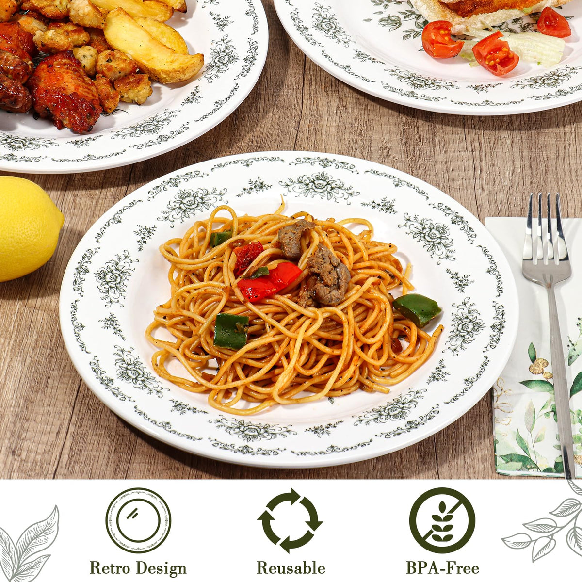 12 Piece 10 inch Green and White Floral Melamine Dinner Plates I390418