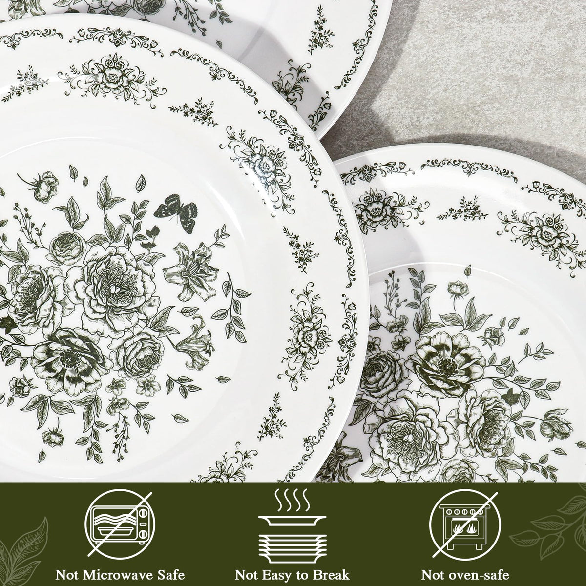 12 Piece 10 inch Green and White Floral Melamine Dinner Plates I390418