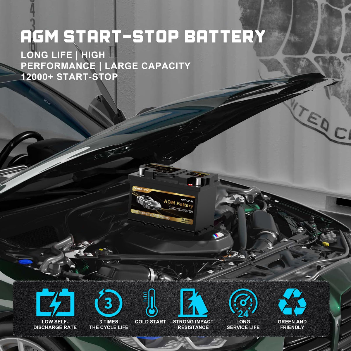 Group Size 48 AGM Car Battery, 12V 70 AH, 800 CCA H7856