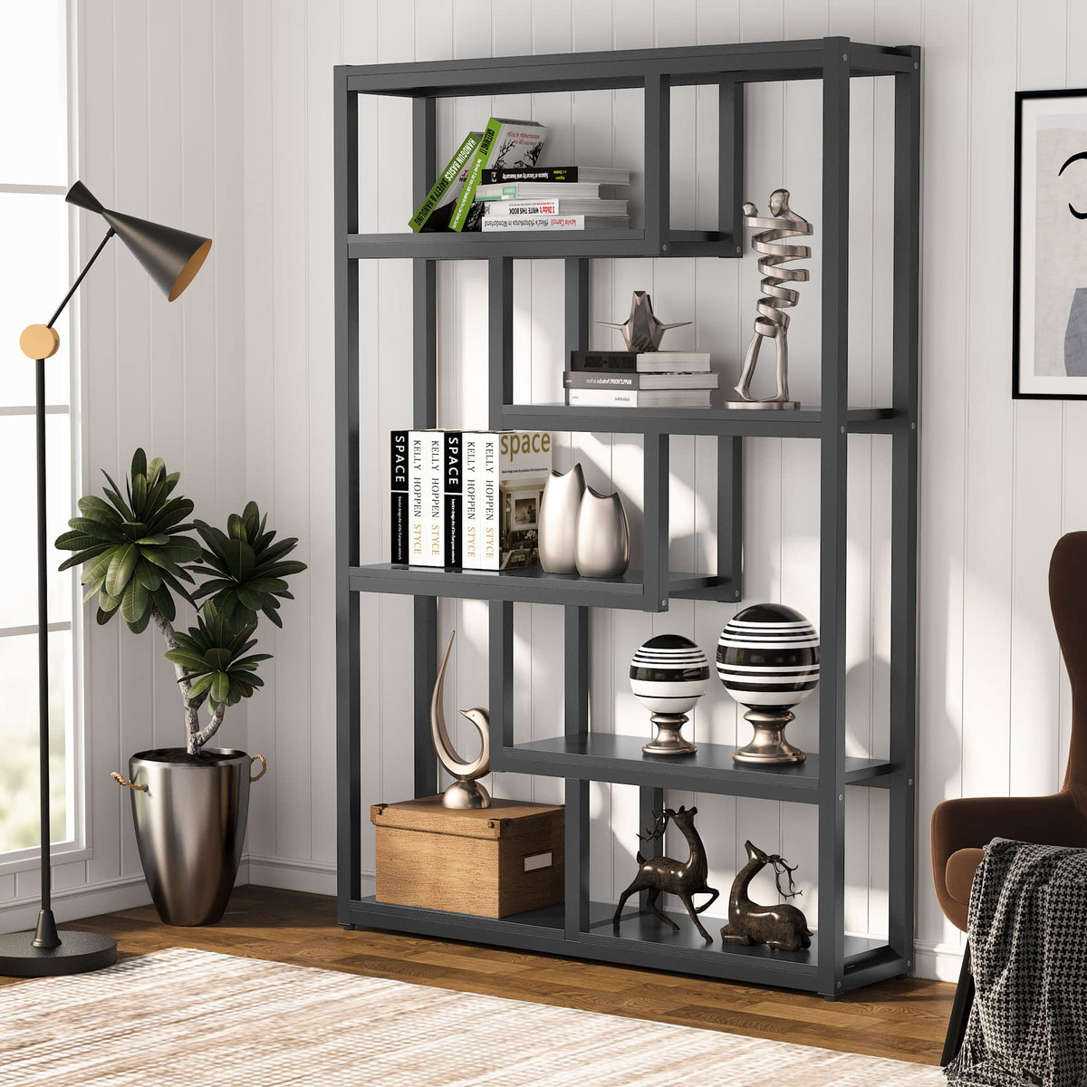 6-Shelf 69 Inch Tall Black Bookshelf O26421