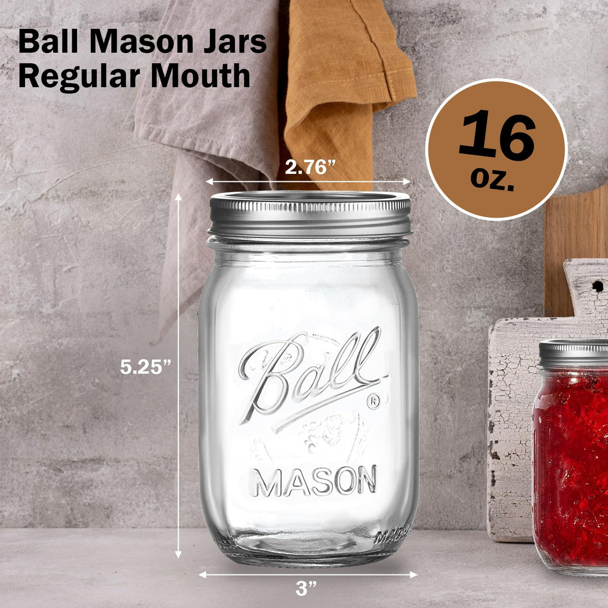 16 oz. Regular Mouth Mason Jars 12 Pack with Airtight Lids and Bands C7771