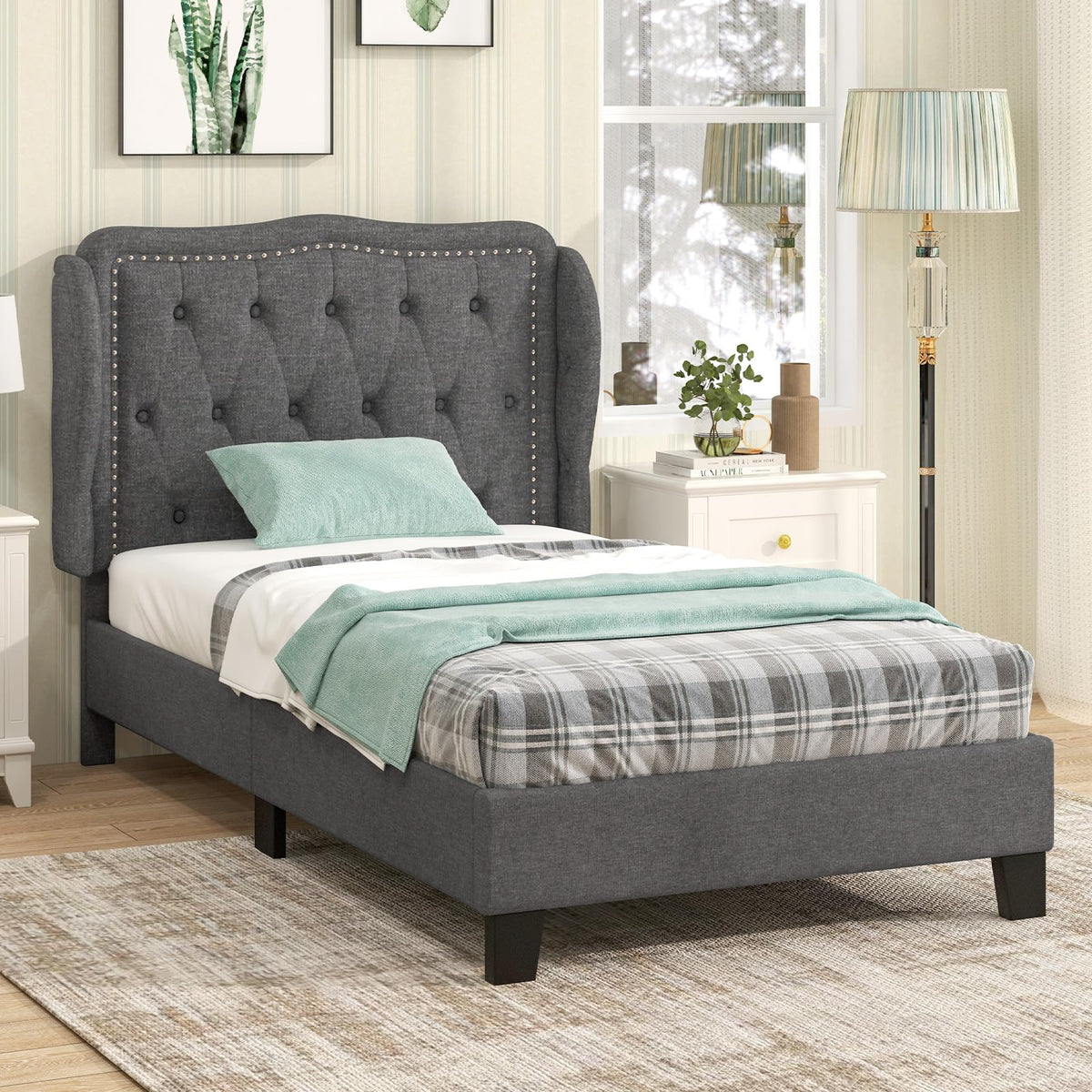 Grey Linen Upholstered Twin Bed Frame with Headboard Z76967