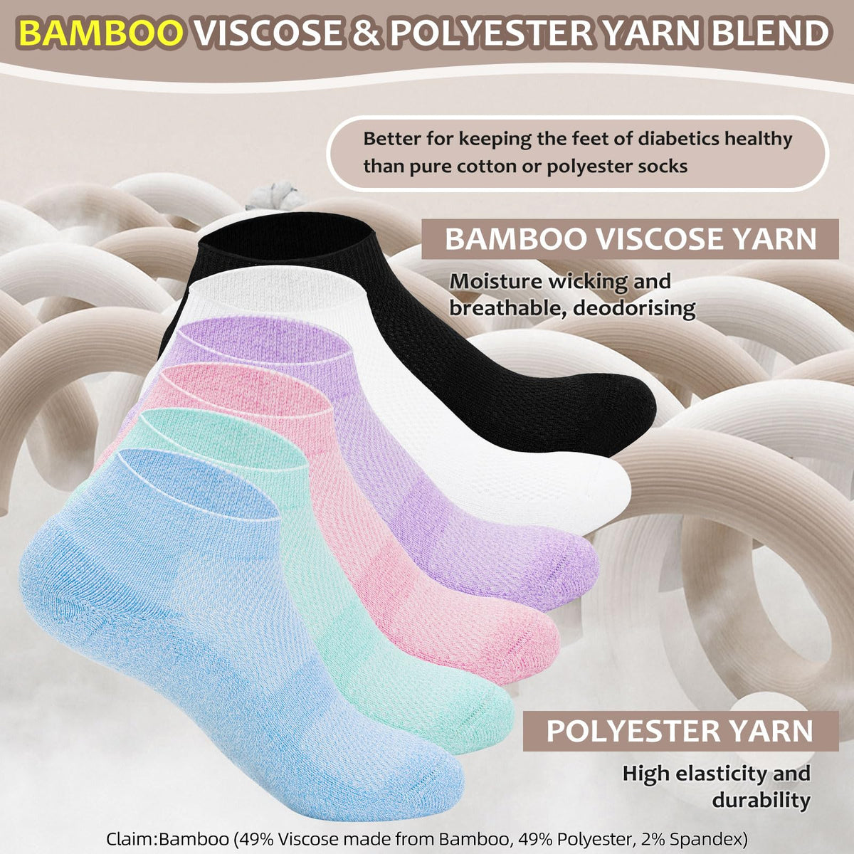 5 Pairs Non-Binding Low Cut Diabetic Socks Size 9-11 Q1498