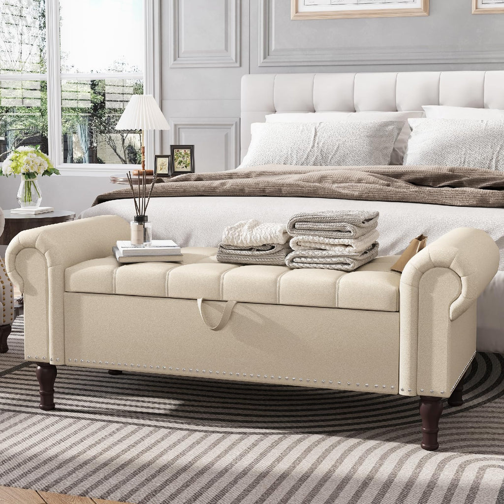 Beige Faux Leather Storage Bench with Rolled Arm H923