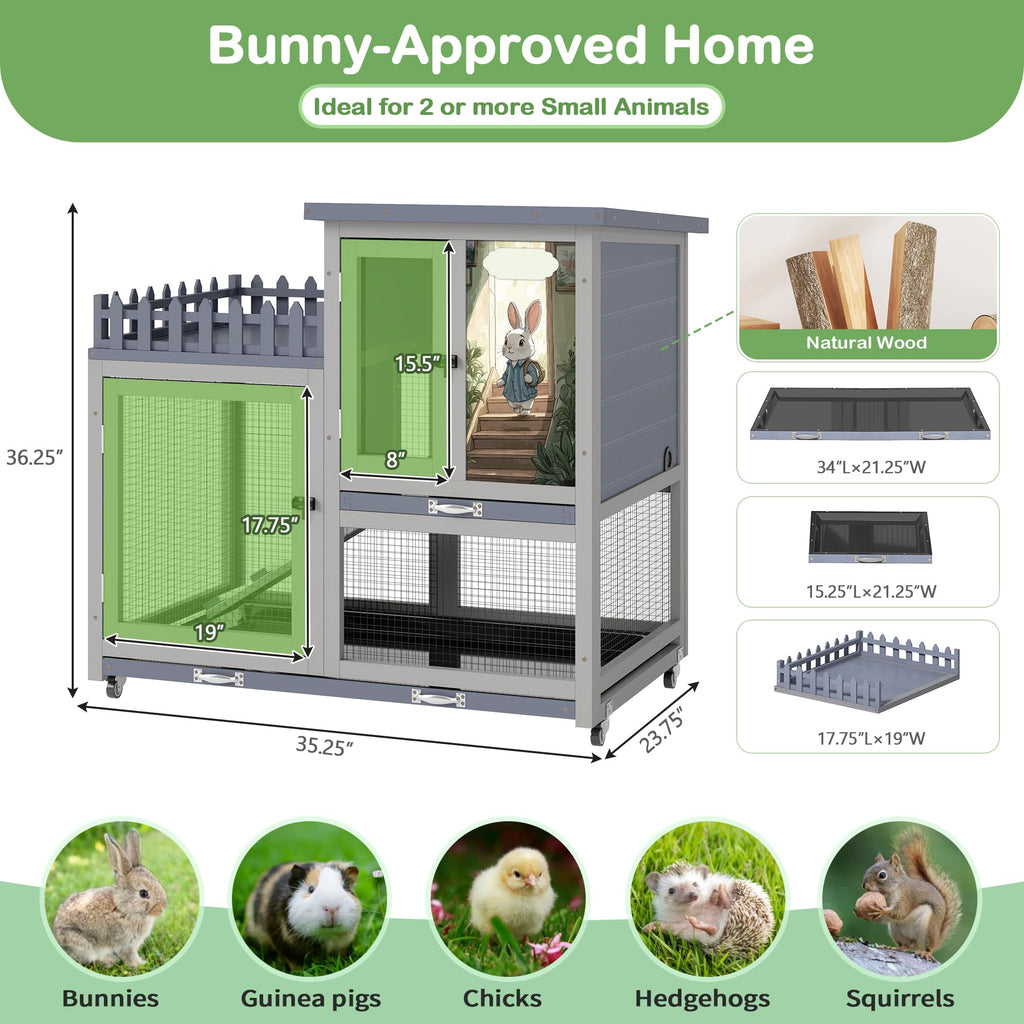 Wood Rabbit Hutch with Balcony on Wheels C334