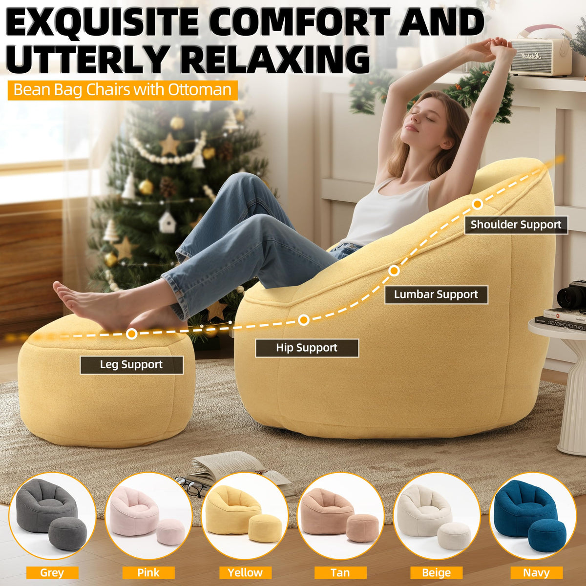 Yellow 3.4 FT Bean Bag Chair with Ottoman O24522