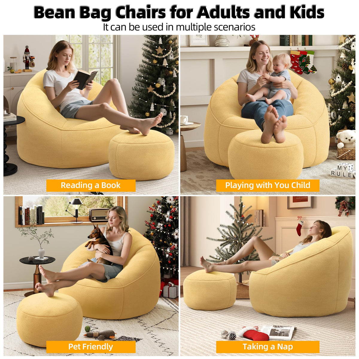 Yellow 3.4 FT Bean Bag Chair with Ottoman O24522