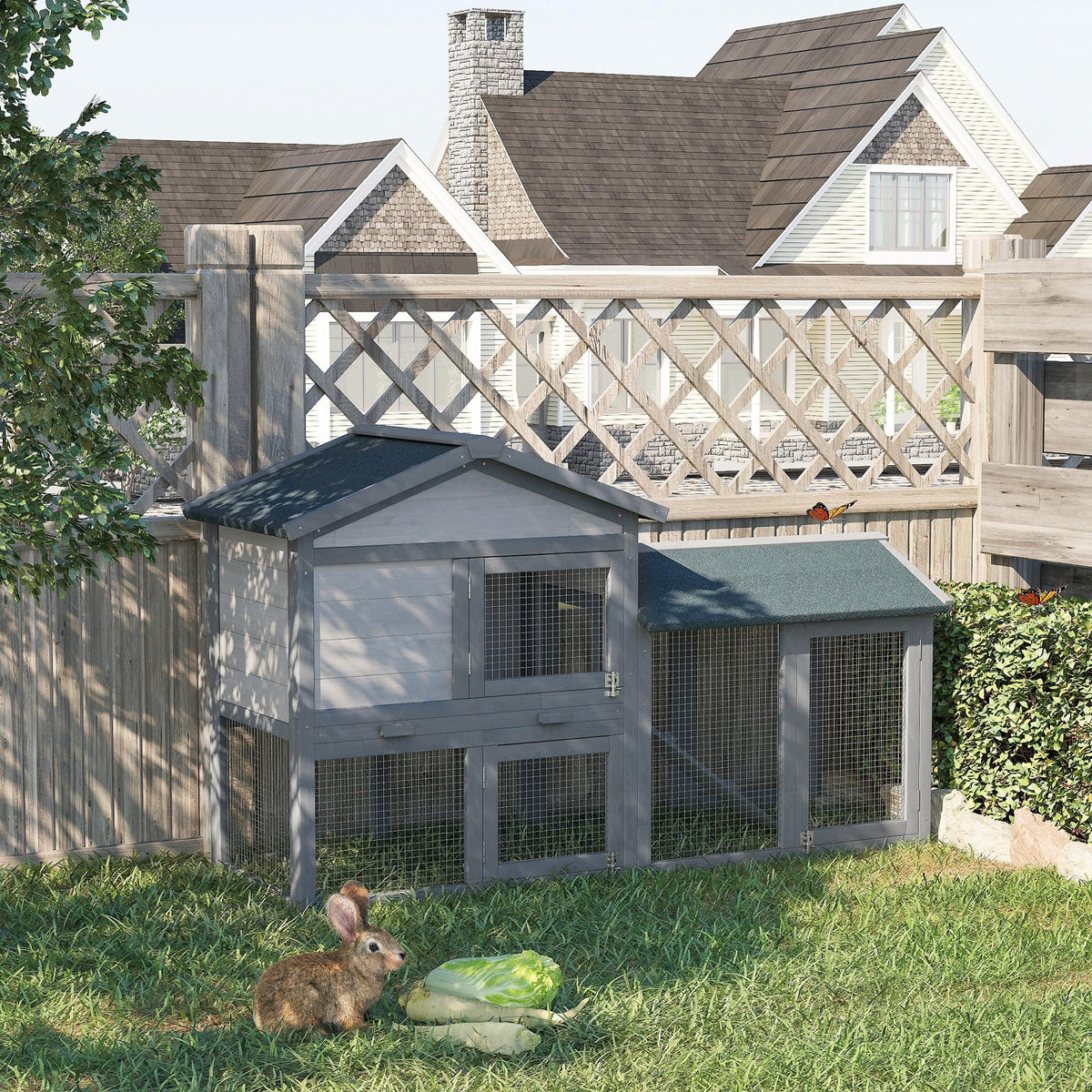 Wooden Rabbit Hutch with Ramp and Water-Resistant Roof P469