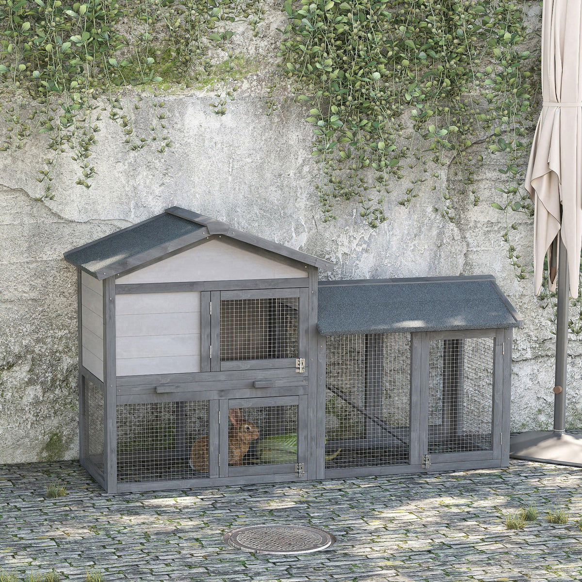 Wooden Rabbit Hutch with Ramp and Water-Resistant Roof P469